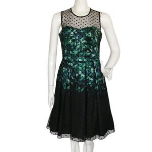LESLIE FAY Dress, 8, Mesh Polka Dot, Green/Black print, Illusion/sweetheart neck